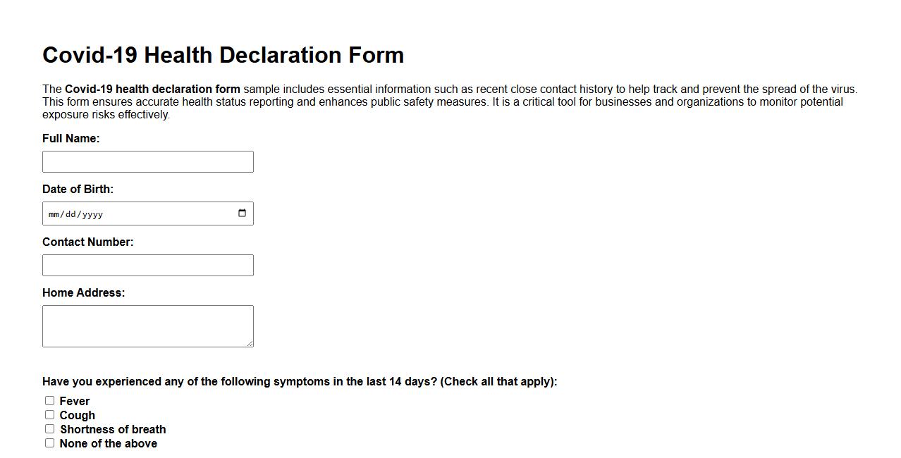Covid-19 health declaration form sample including recent close contact history image preview