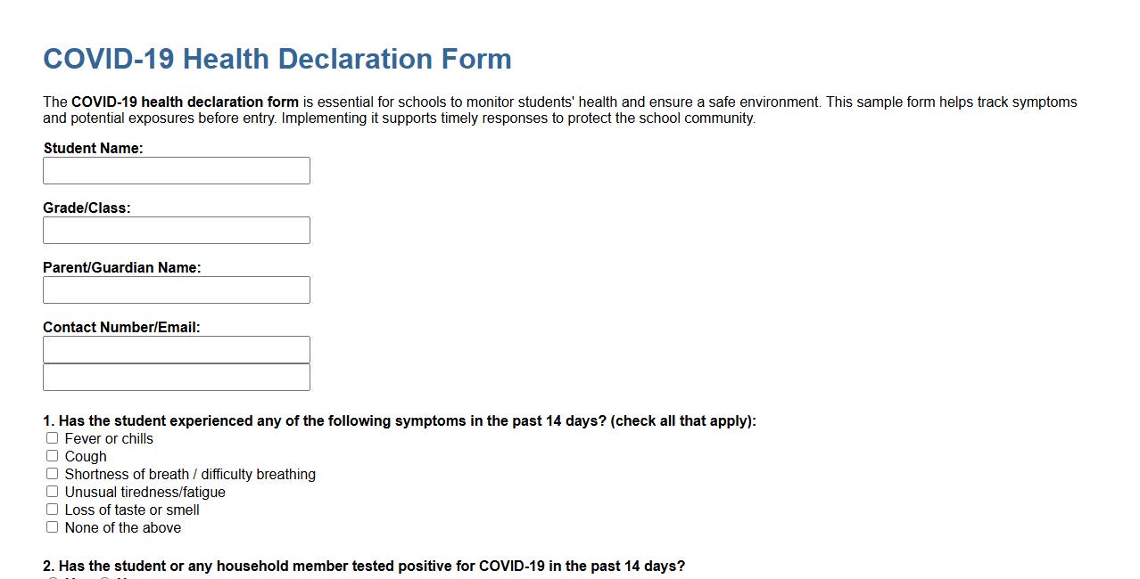 COVID-19 health declaration form sample for schools image preview