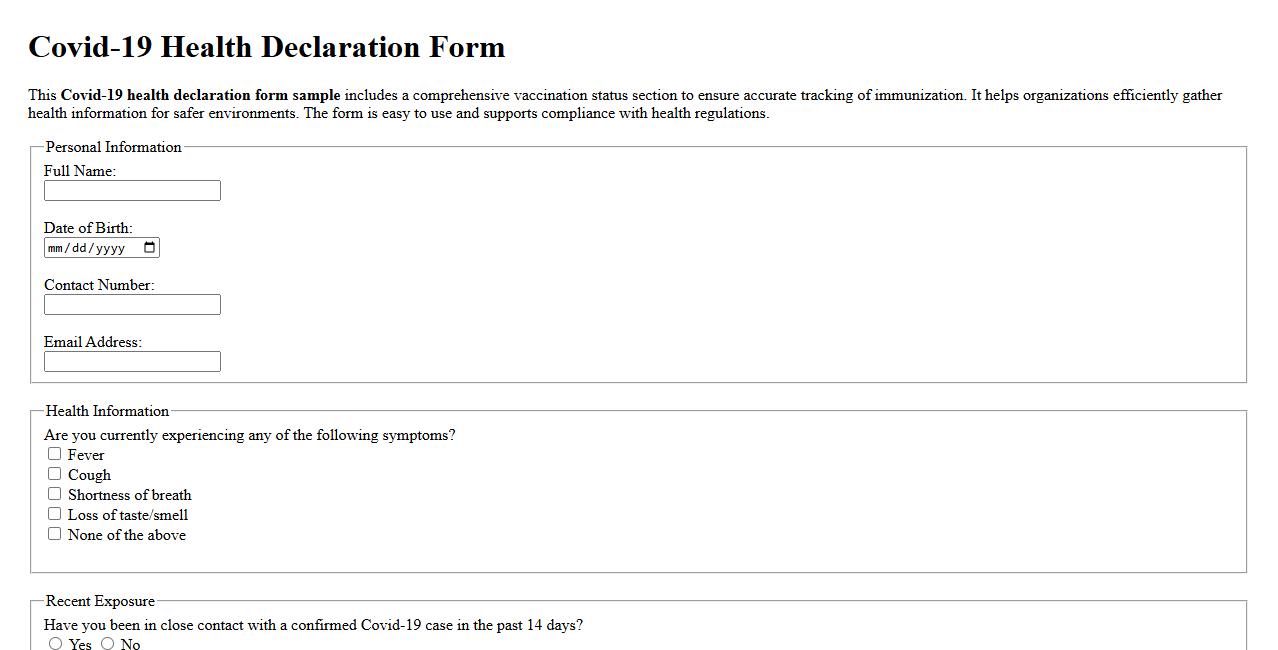 Covid-19 health declaration form sample with vaccination status section image preview