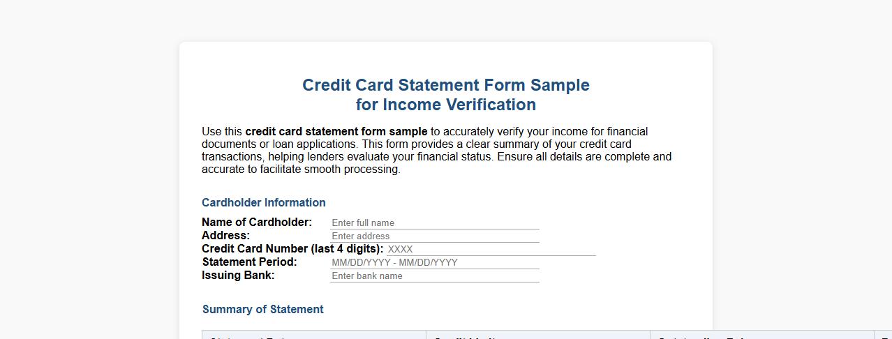 credit card statement form sample for income verification image preview