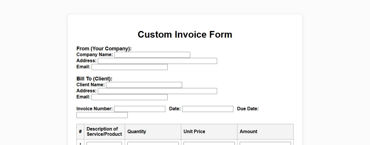 Custom invoice form sample in Excel format image preview