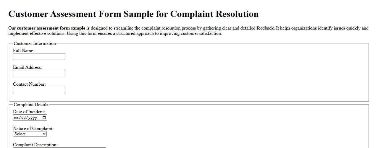 Customer assessment form sample for complaint resolution image preview