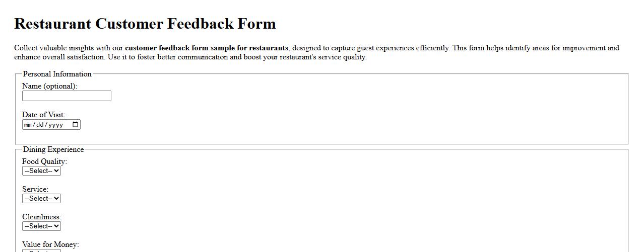 customer feedback form sample for restaurants image preview