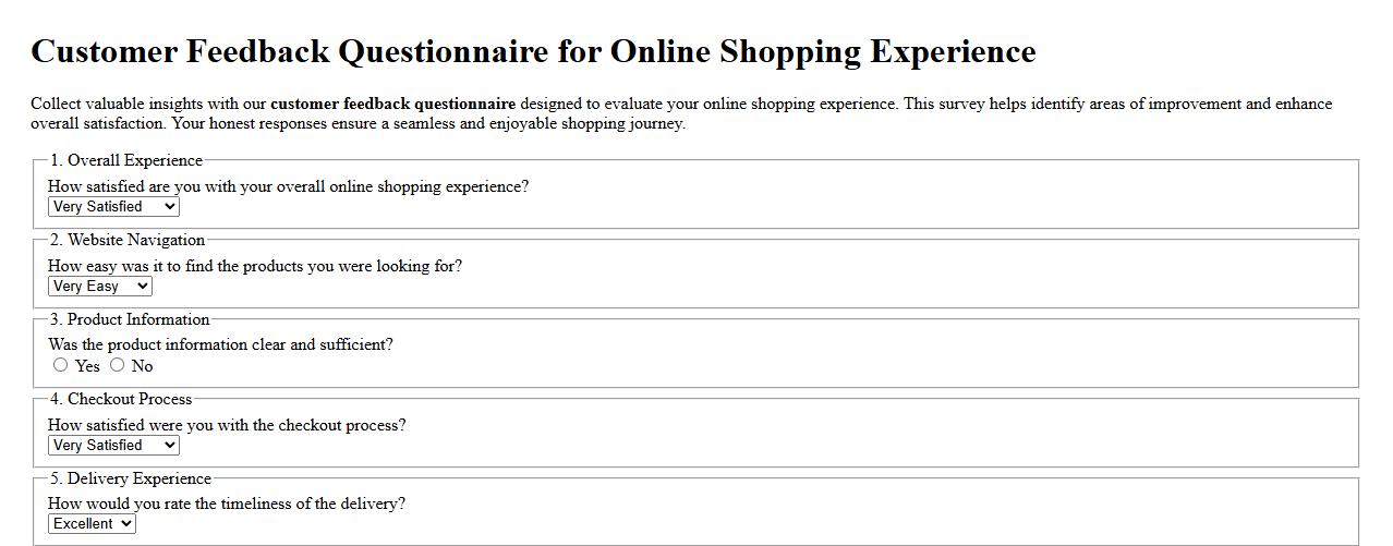 Customer feedback questionnaire for online shopping experience image preview