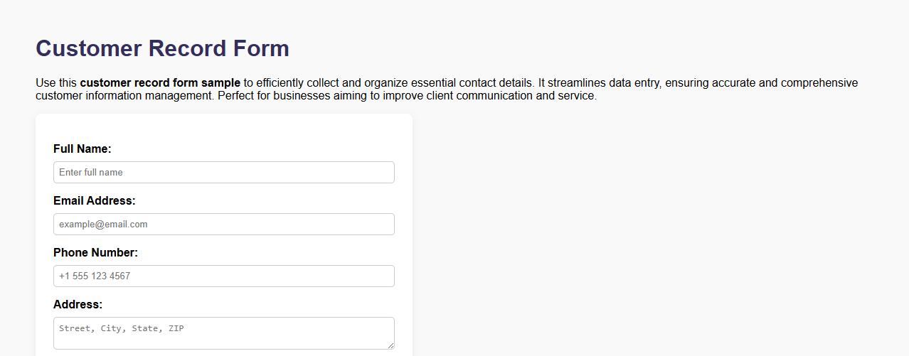 customer record form sample with contact details image preview