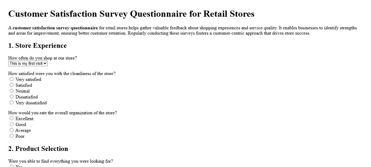 Customer satisfaction survey questionnaire for retail stores image preview