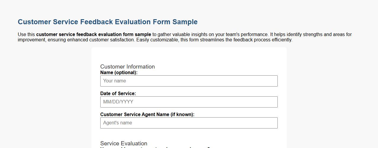 customer service feedback evaluation form sample image preview