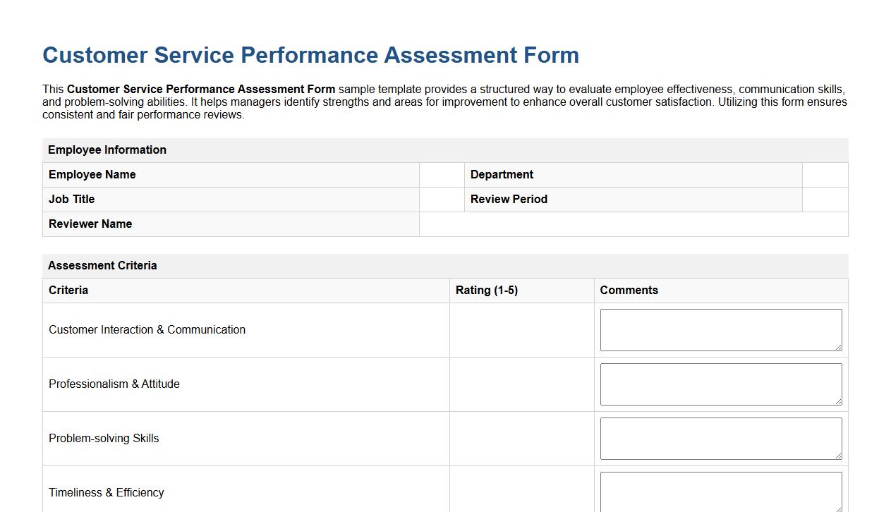 Customer service performance assessment form sample template image preview
