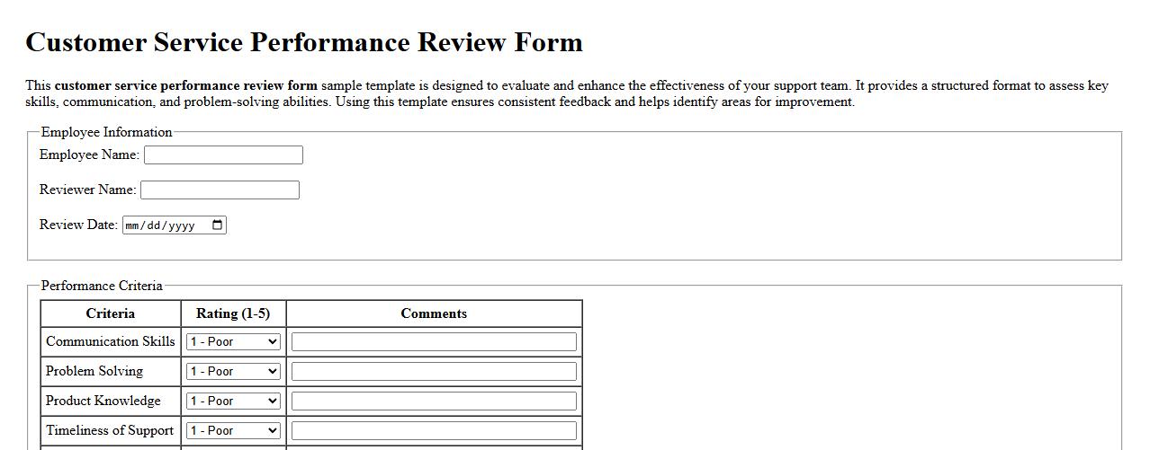 Customer service performance review form sample template image preview