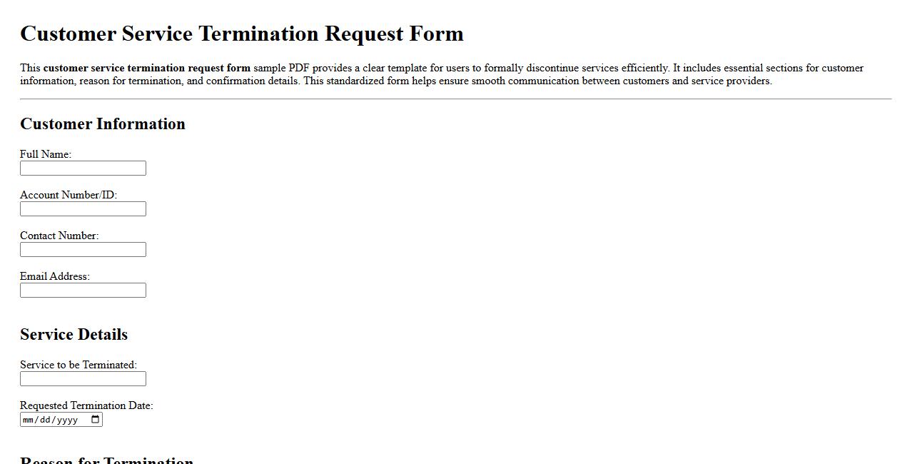 Customer service termination request form sample PDF image preview