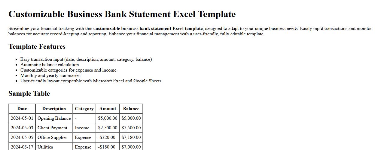 customizable business bank statement excel template image preview