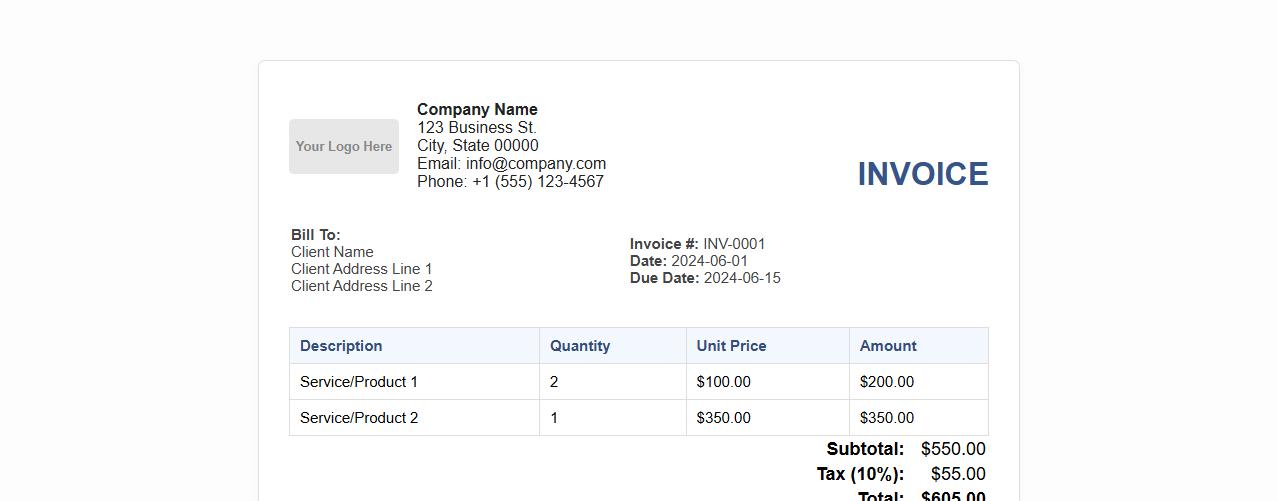 Customizable monthly invoice template with logo image preview