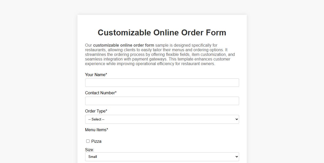 Customizable online order form sample for restaurants image preview