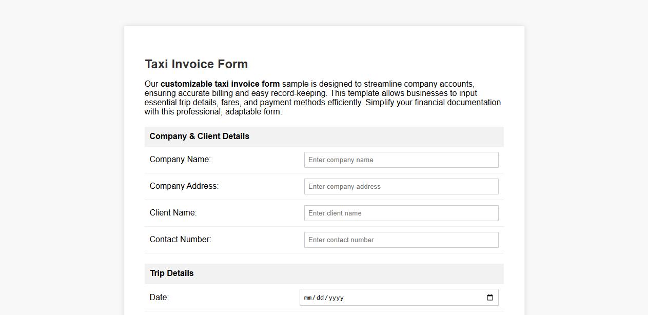 customizable taxi invoice form sample for company accounts image preview