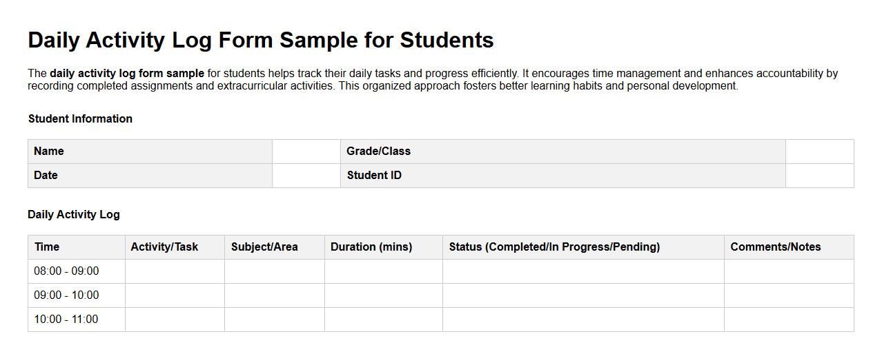 daily activity log form sample for students image preview