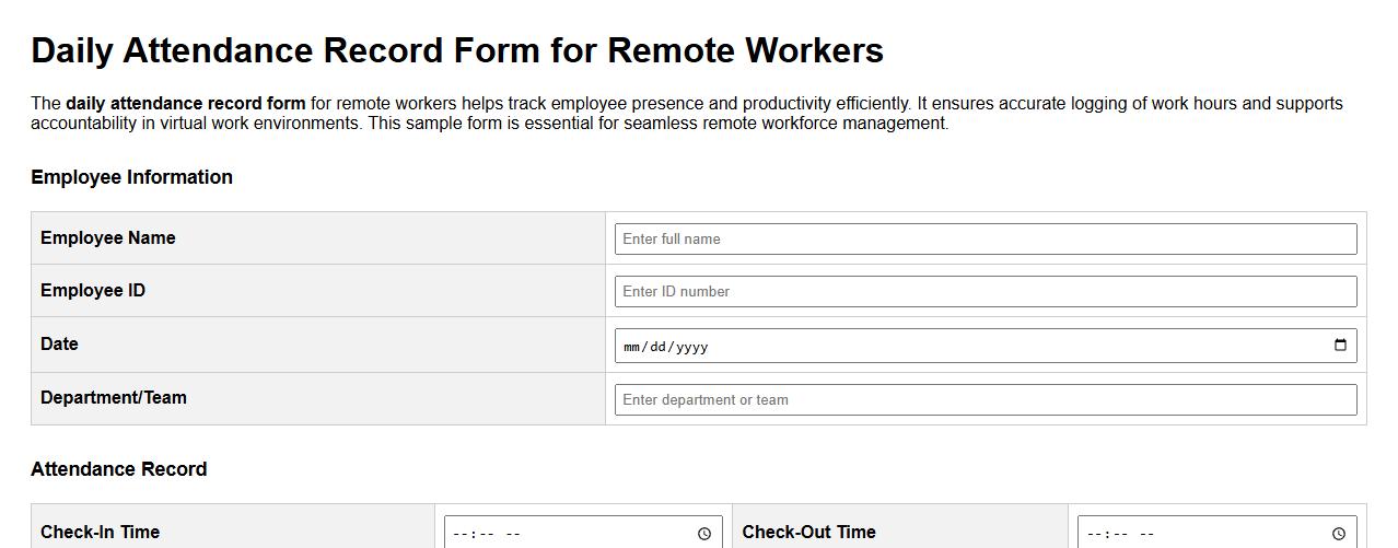 Daily attendance record form sample for remote workers image preview