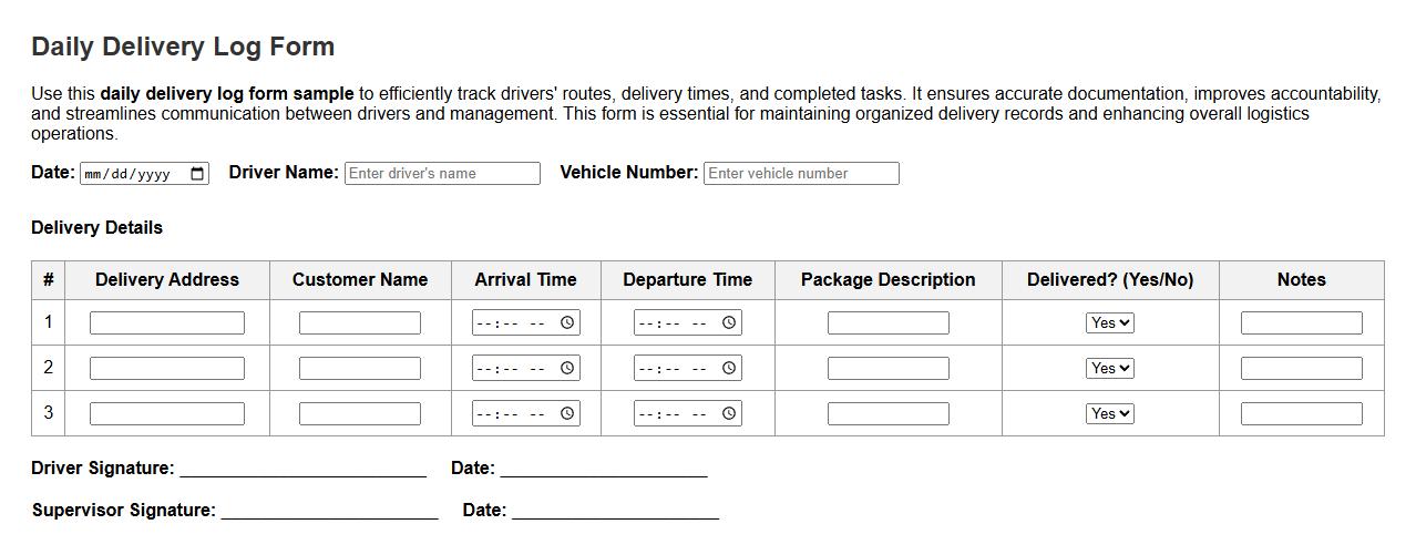 daily delivery log form sample for drivers image preview
