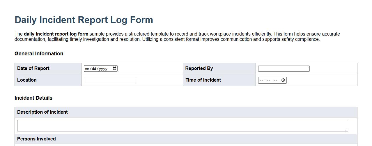 daily incident report log form sample image preview
