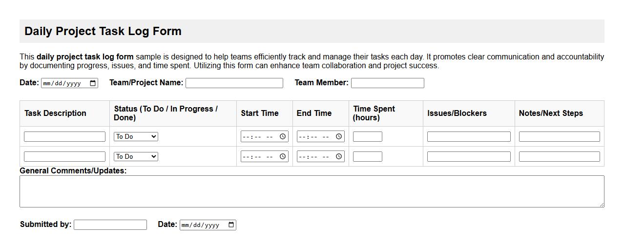 daily project task log form sample for teams image preview
