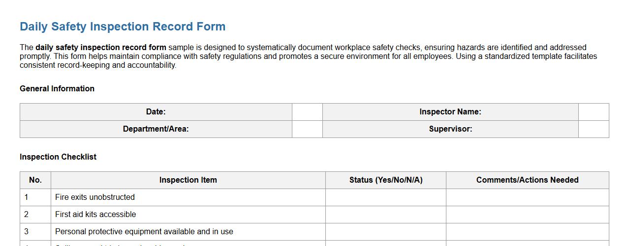 daily safety inspection record form sample image preview
