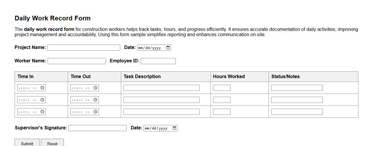 Daily work record form sample for construction workers image preview