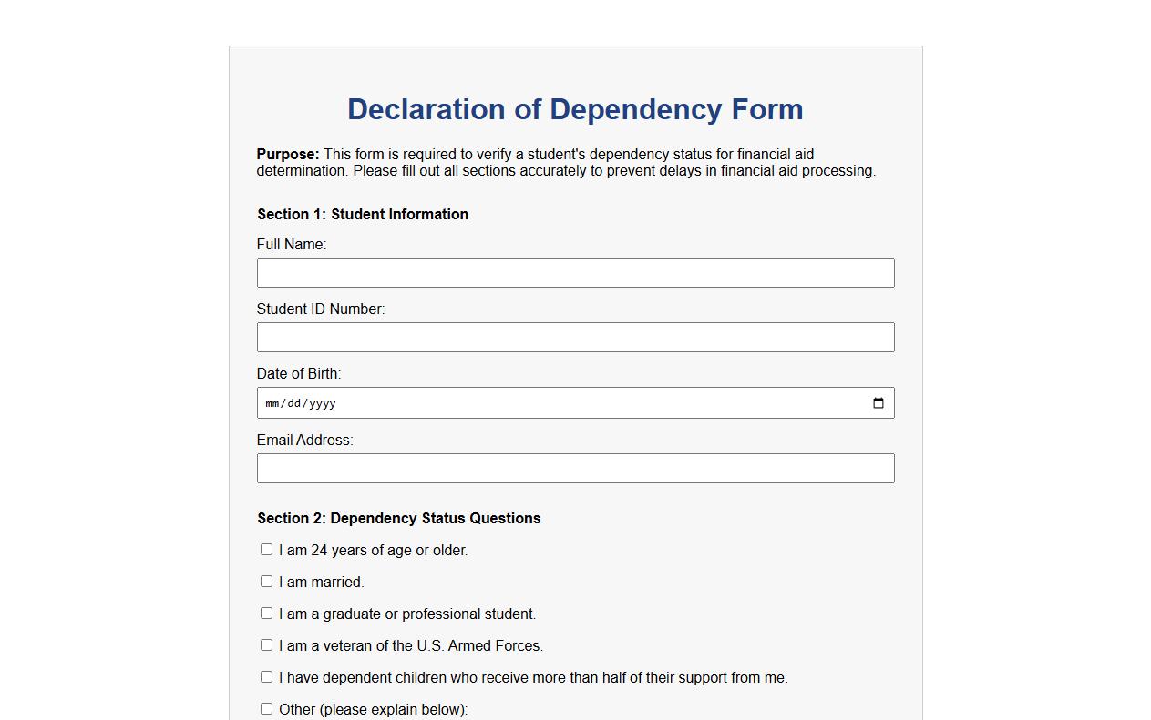 declaration of dependency form sample for financial aid image preview
