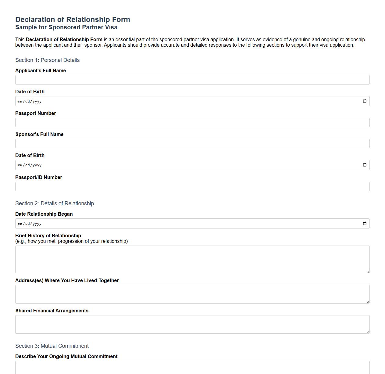 declaration of relationship form sample for sponsored partner visa image preview