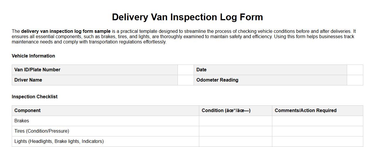 Delivery van inspection log form sample image preview