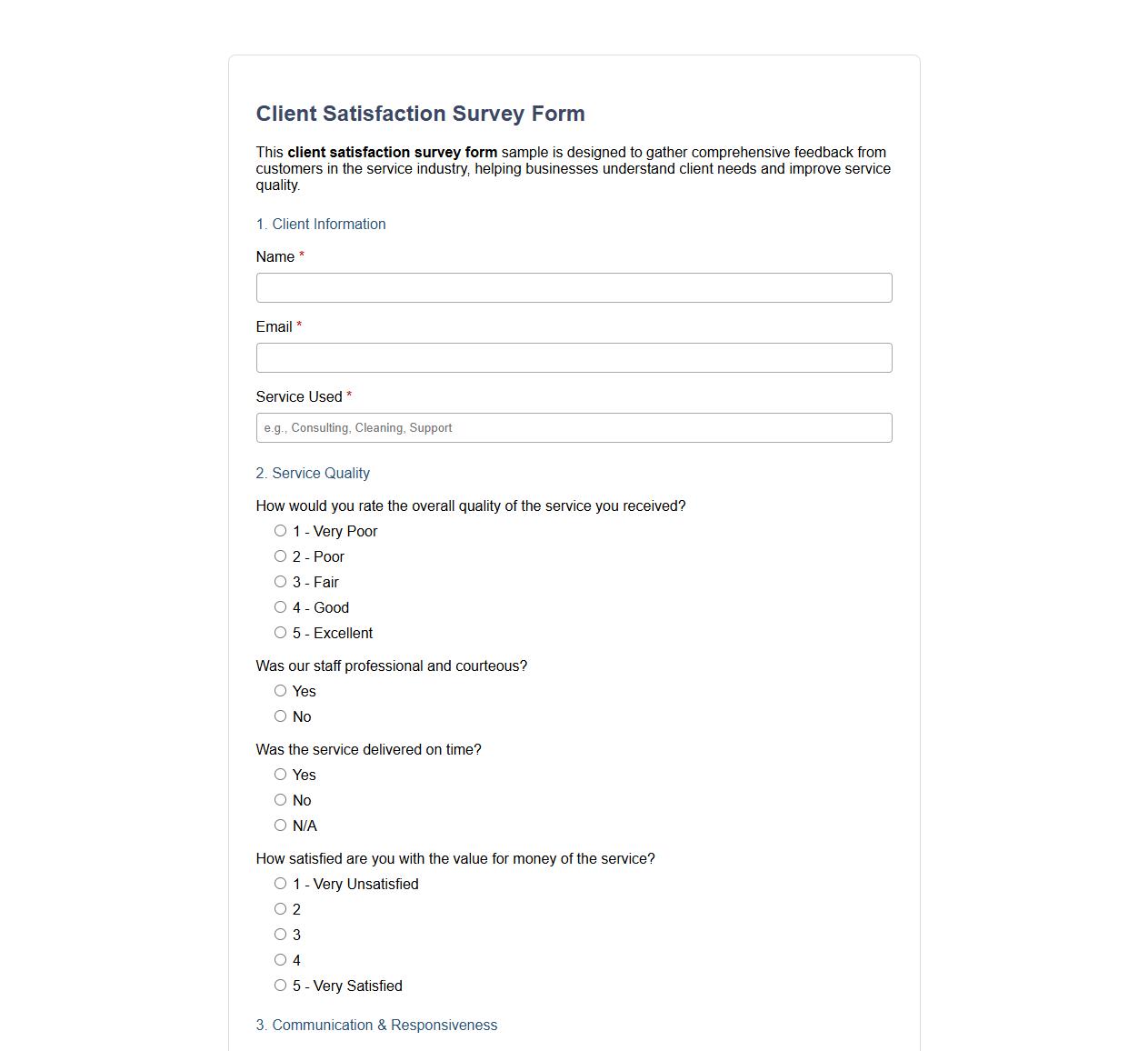 detailed client satisfaction survey form sample for service industry image preview