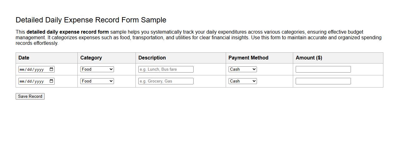 Detailed daily expense record form sample with categories image preview