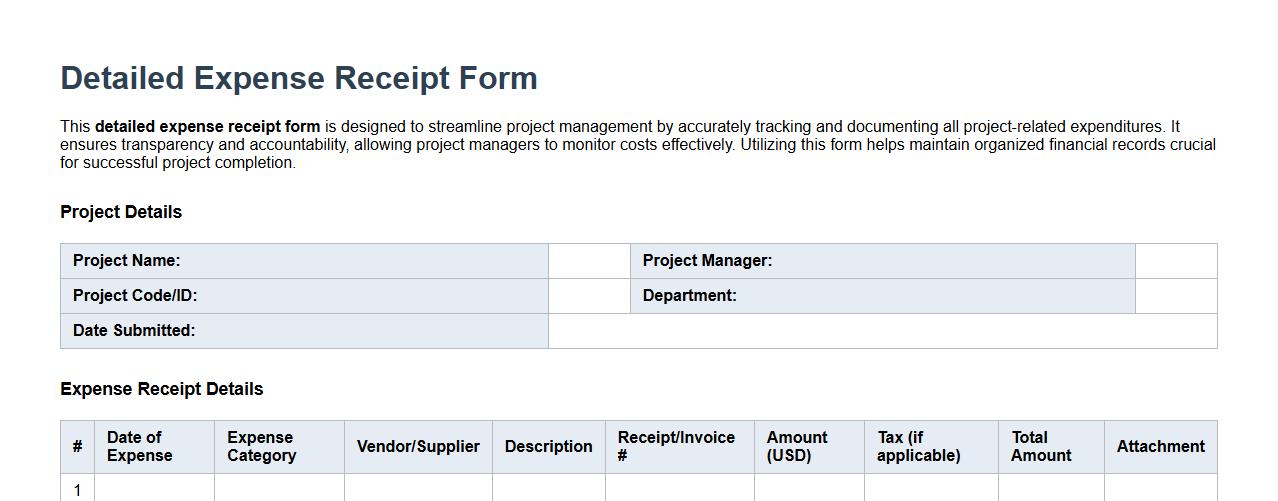 detailed expense receipt form for project management image preview