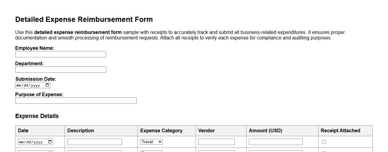 detailed expense reimbursement form sample with receipts image preview