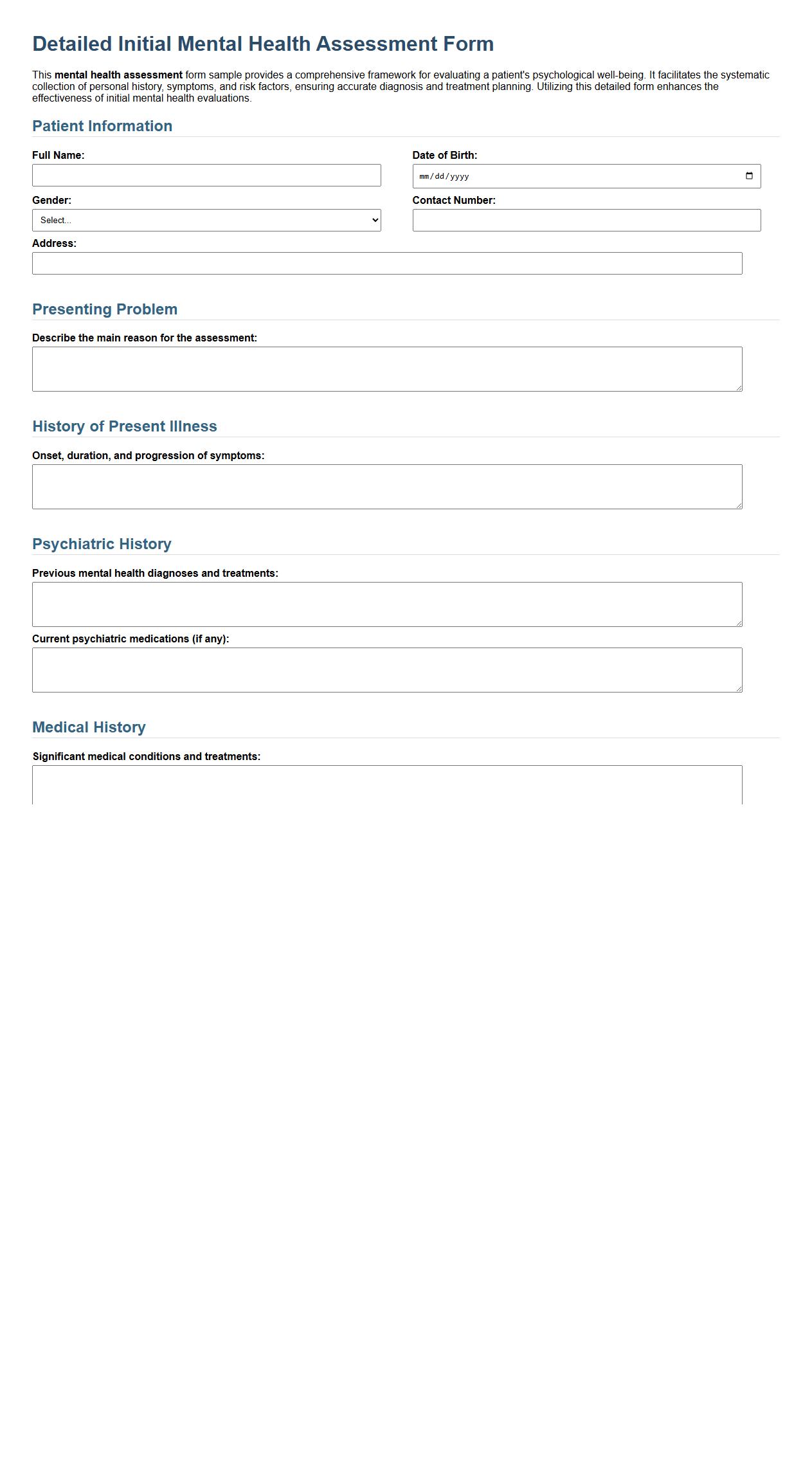 Detailed initial mental health assessment form sample image preview
