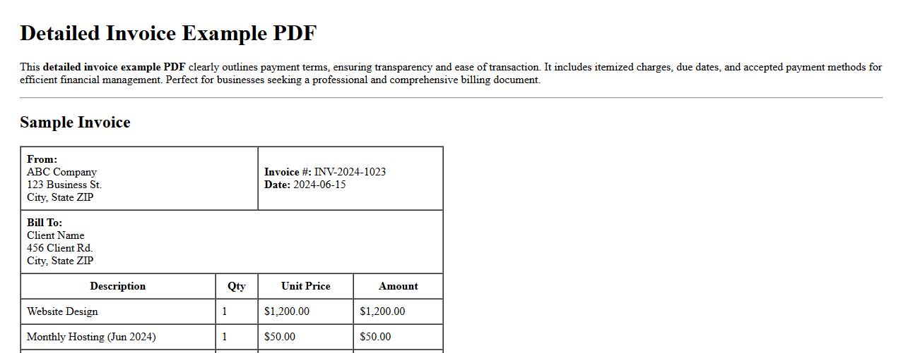 Detailed invoice example PDF with payment terms image preview