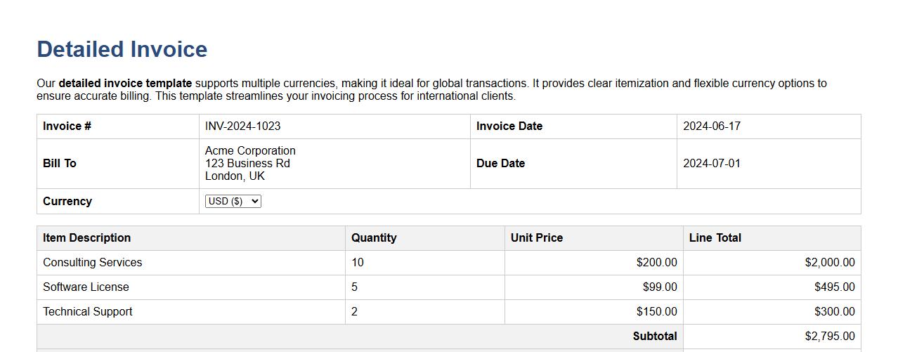 Detailed invoice template with multiple currencies image preview