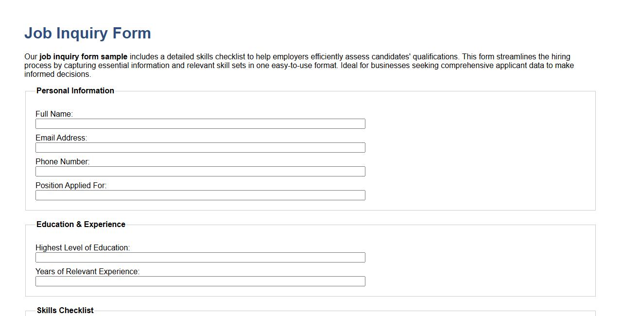 Detailed job inquiry form sample with skills checklist image preview