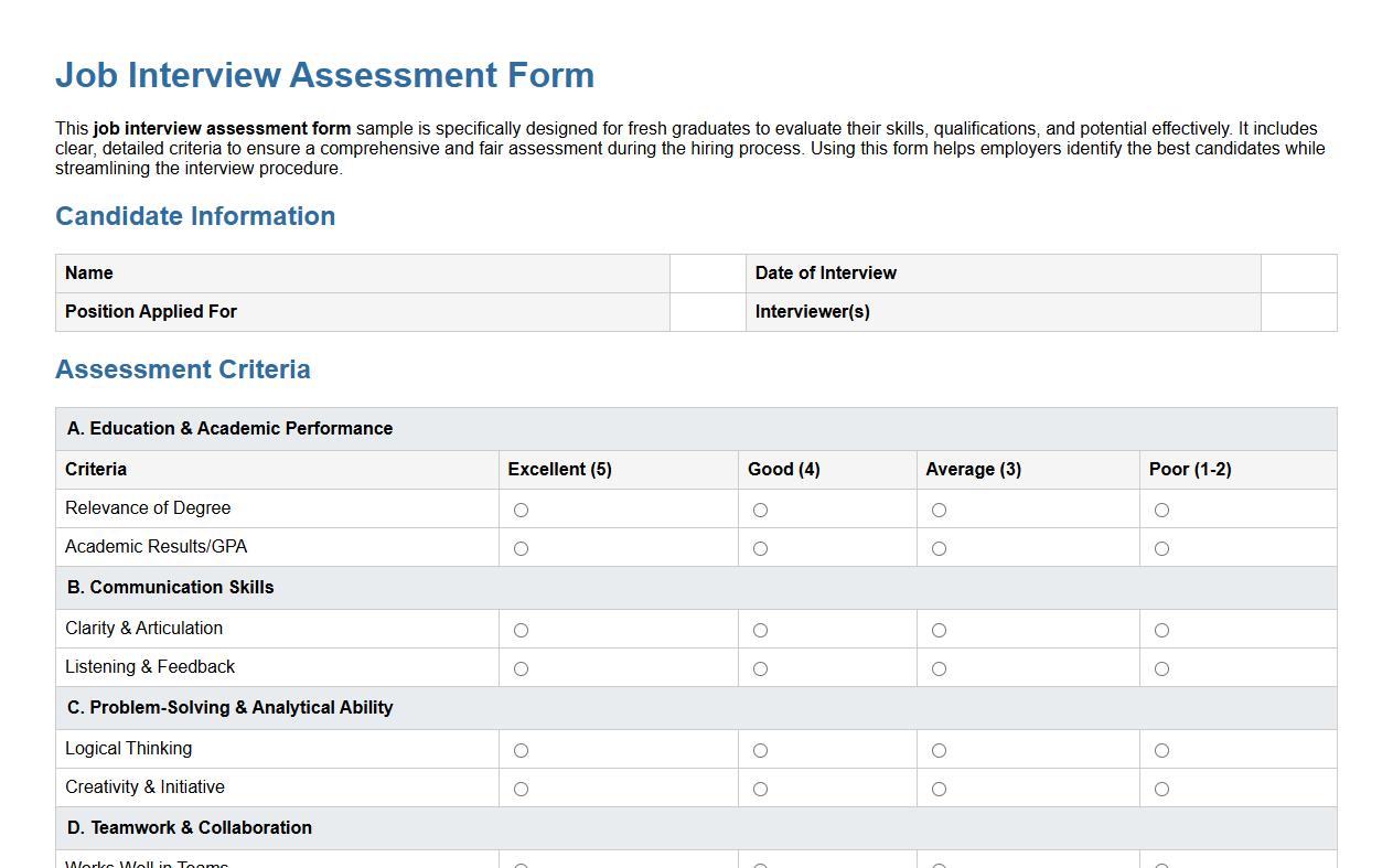 detailed job interview assessment form sample for fresh graduates image preview