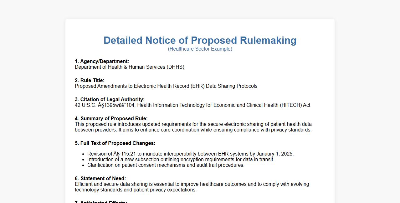 Detailed Notice of Proposed Rulemaking form example for healthcare image preview