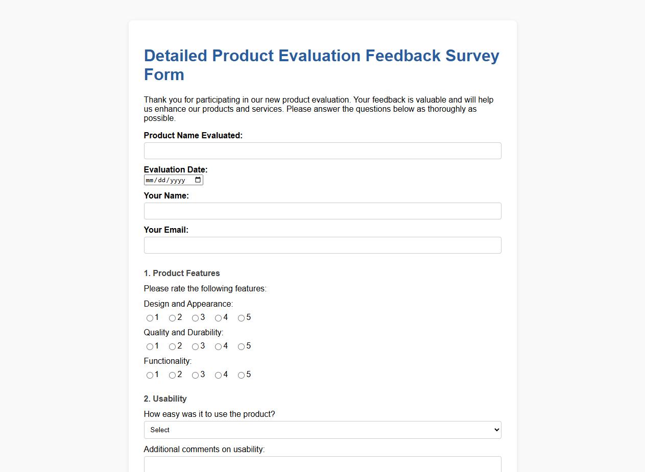 detailed product evaluation feedback survey form sample for new products image preview