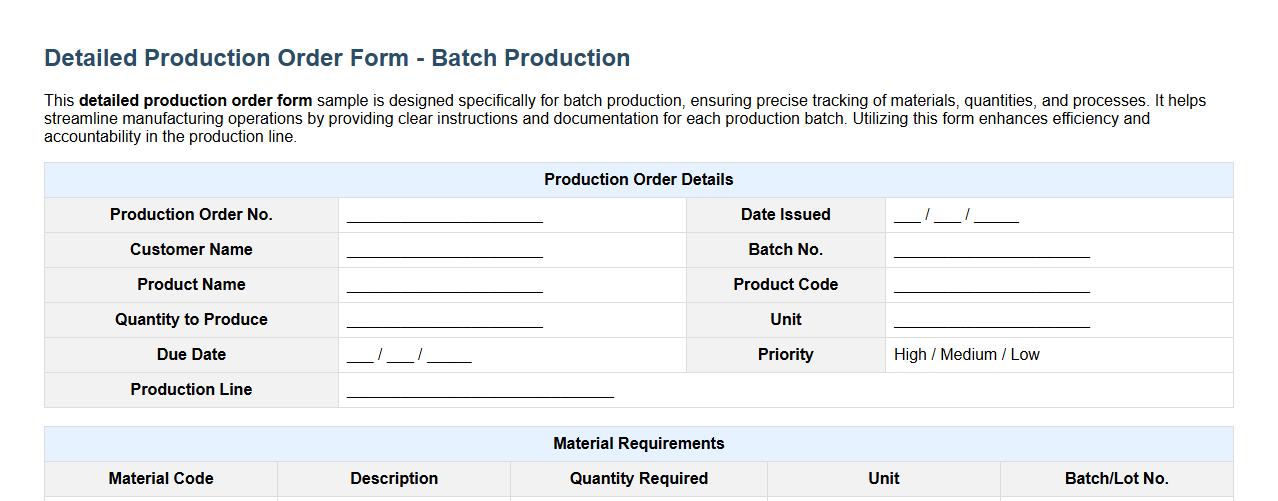 detailed production order form sample for batch production image preview
