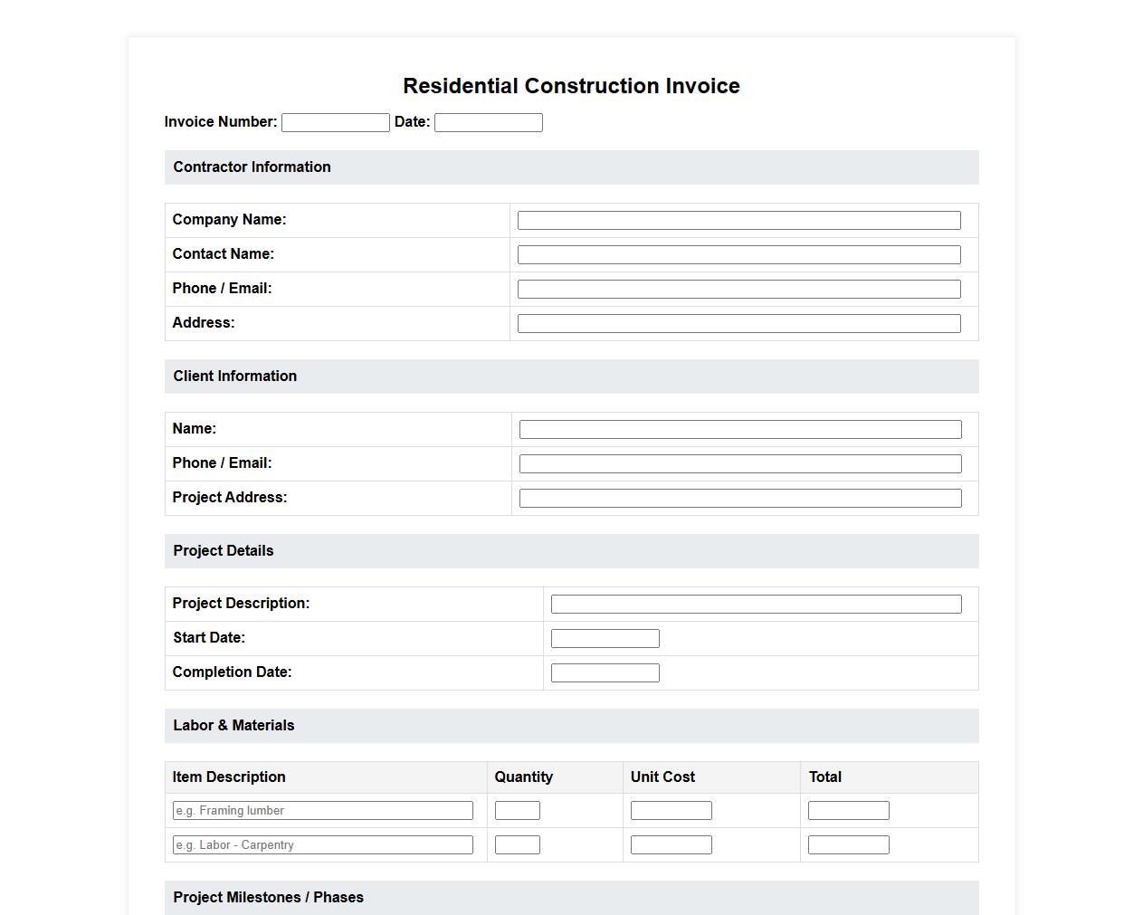 Detailed residential construction invoice form sample image preview