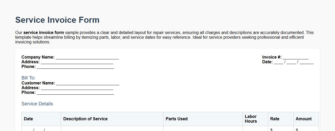 Detailed service invoice form sample for repair services image preview