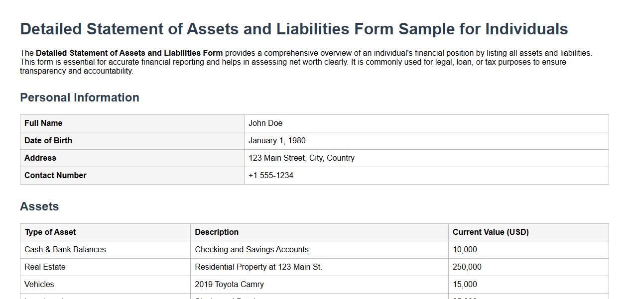 Detailed Statement of Assets and Liabilities Form Sample for Individuals image preview