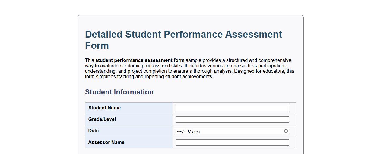 Detailed student performance assessment form sample image preview