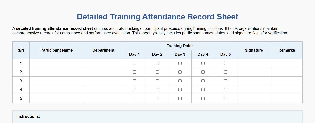 detailed training attendance record sheet image preview