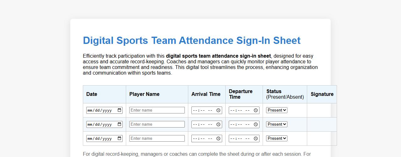 Digital sports team attendance sign-in sheet image preview