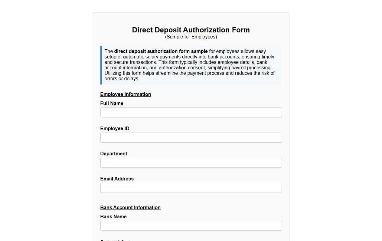 direct deposit authorization form sample for employees image preview