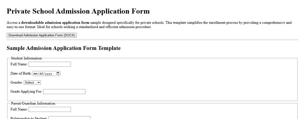Downloadable admission application form sample for private schools image preview
