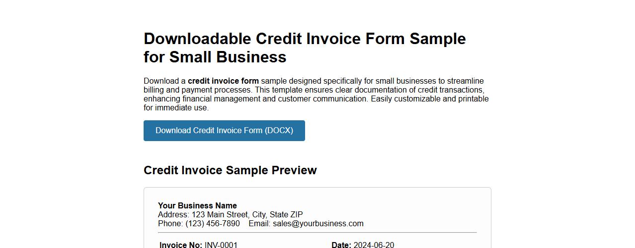 downloadable credit invoice form sample for small business image preview