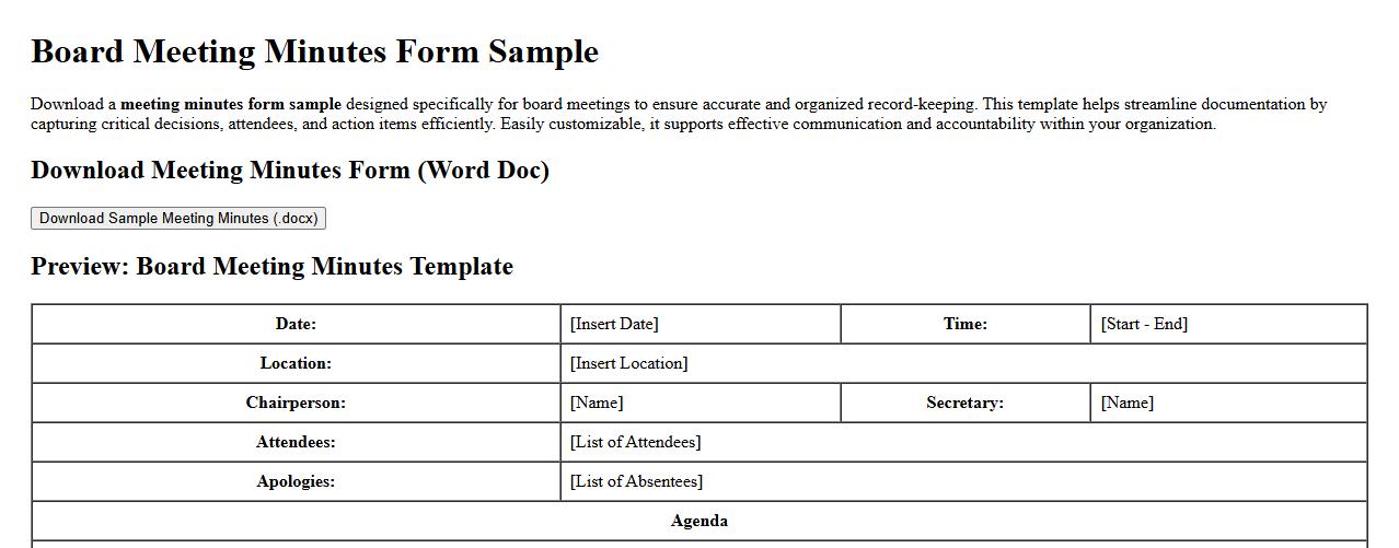 downloadable meeting minutes form sample for board meetings image preview